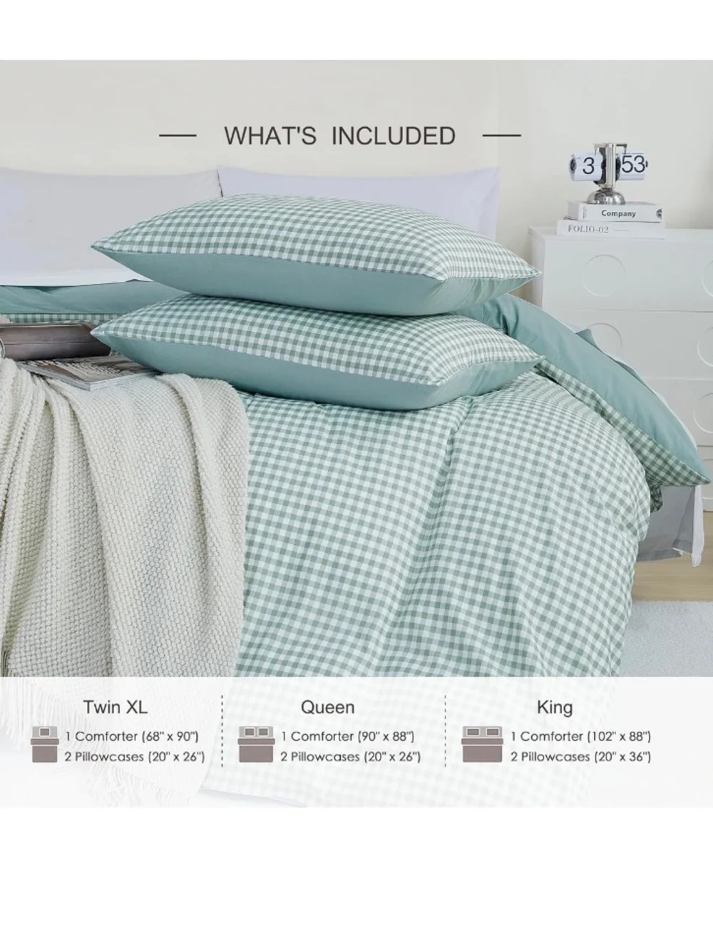 SHABBY CHIC Gingham Comforter Set 100% Polyester ALL SEASON - LIGHT GREEN/WHITE